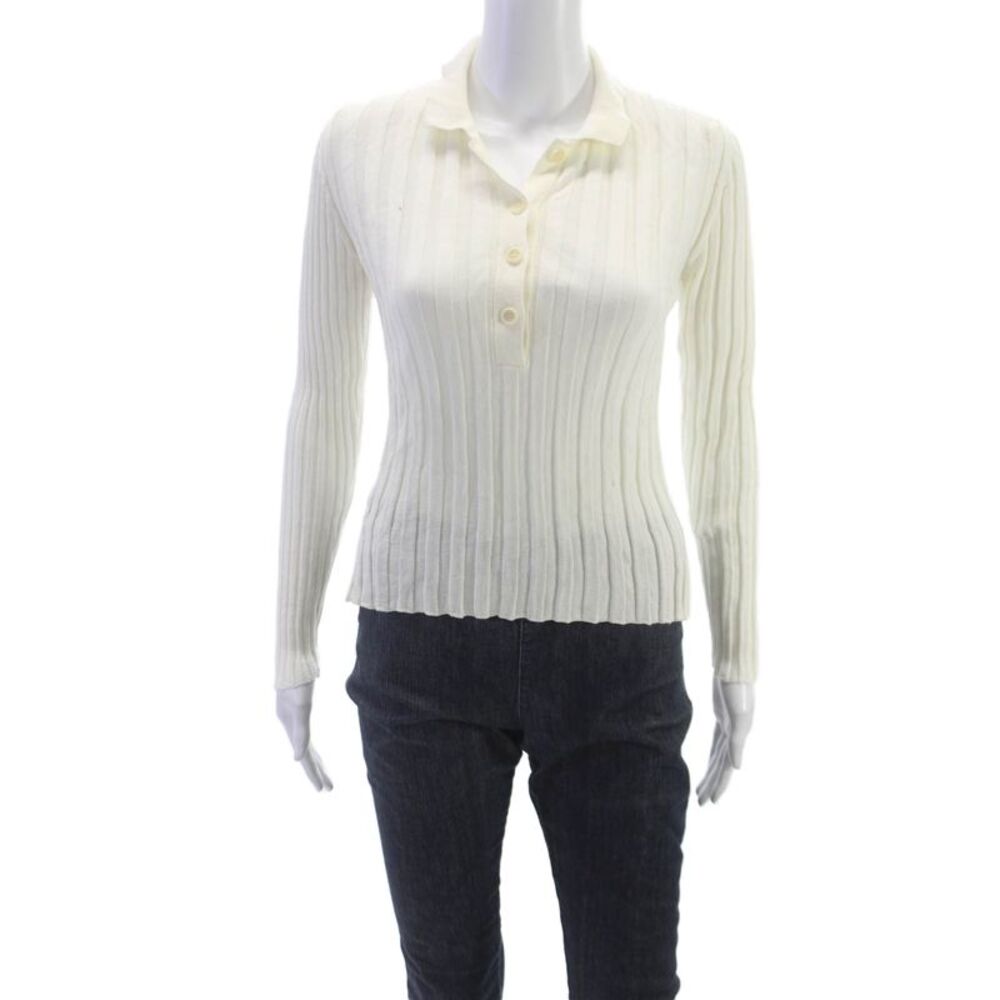 Eolas Womens Basic Polo Collared Long Sleeve Ivory Organic Cotton Size XS